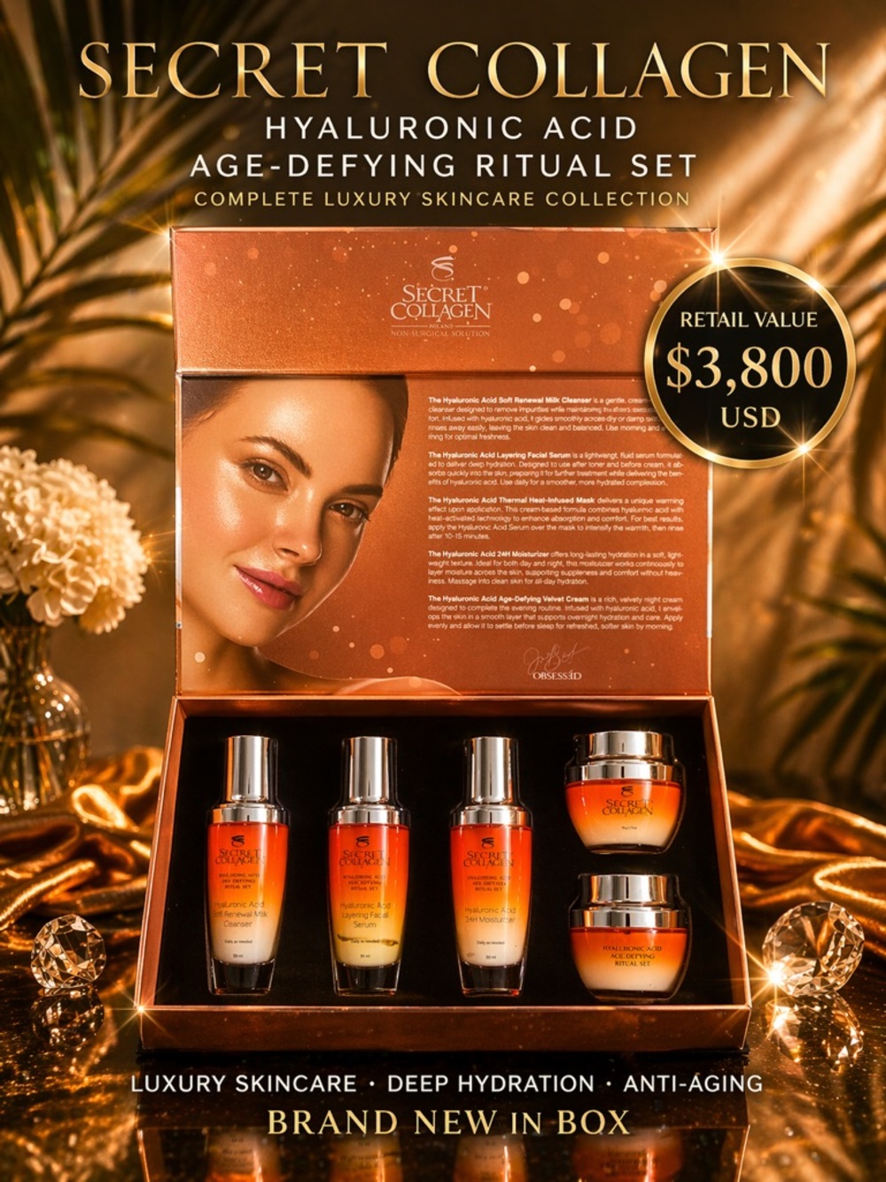 Secret Collagen Hyaluronic Acid Anti-Aging Skincare Set Full Size Luxury Kit NIB